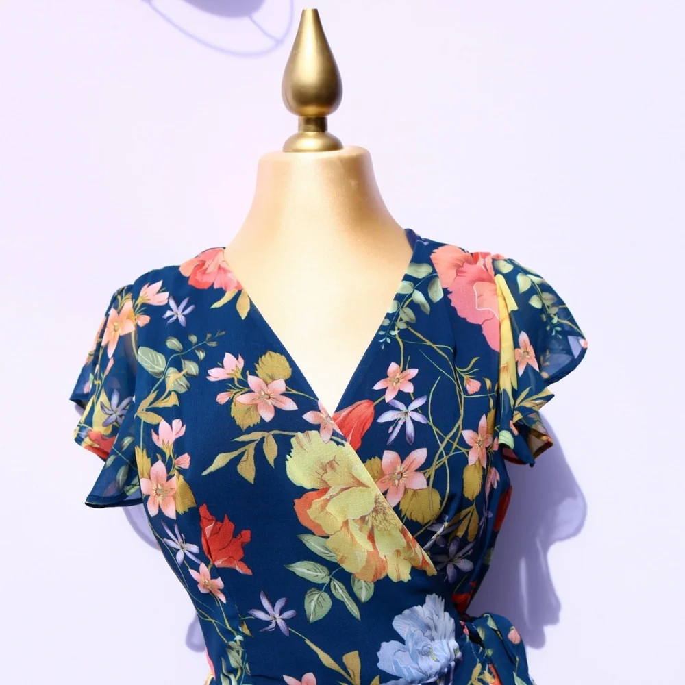 Sweet Pea New York by Stacy Frati High Low Ruffle Wrap Dress, Floral Medium - Picture 7 of 11